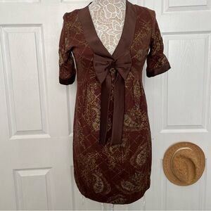 Chaudry KC Pattern Brown Metallic Gold Mini Dress Short Sleeve V-neck Bow Small
